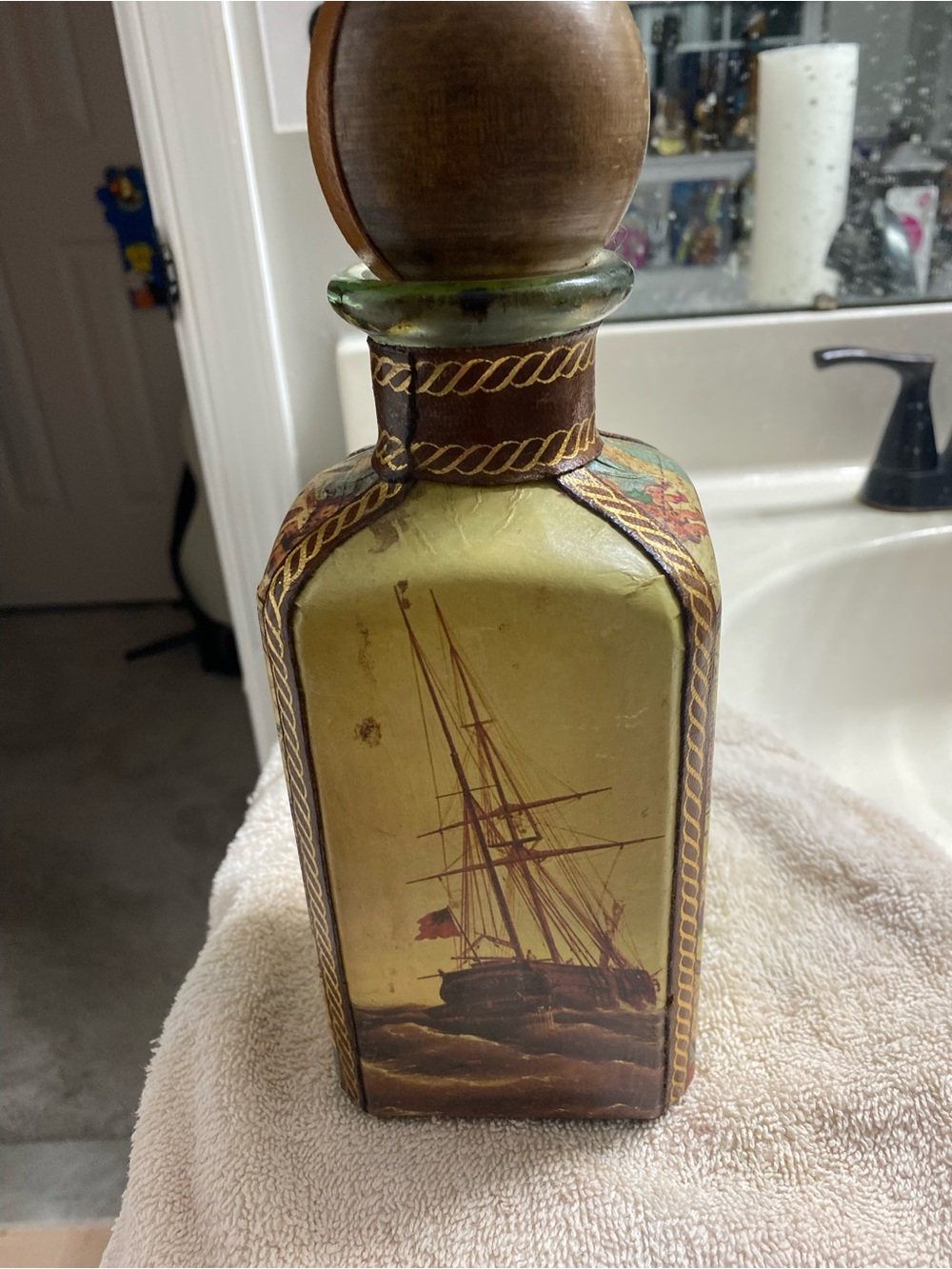 Vintage Nautical Decorative Bottle - Green and Brown Ship Motif